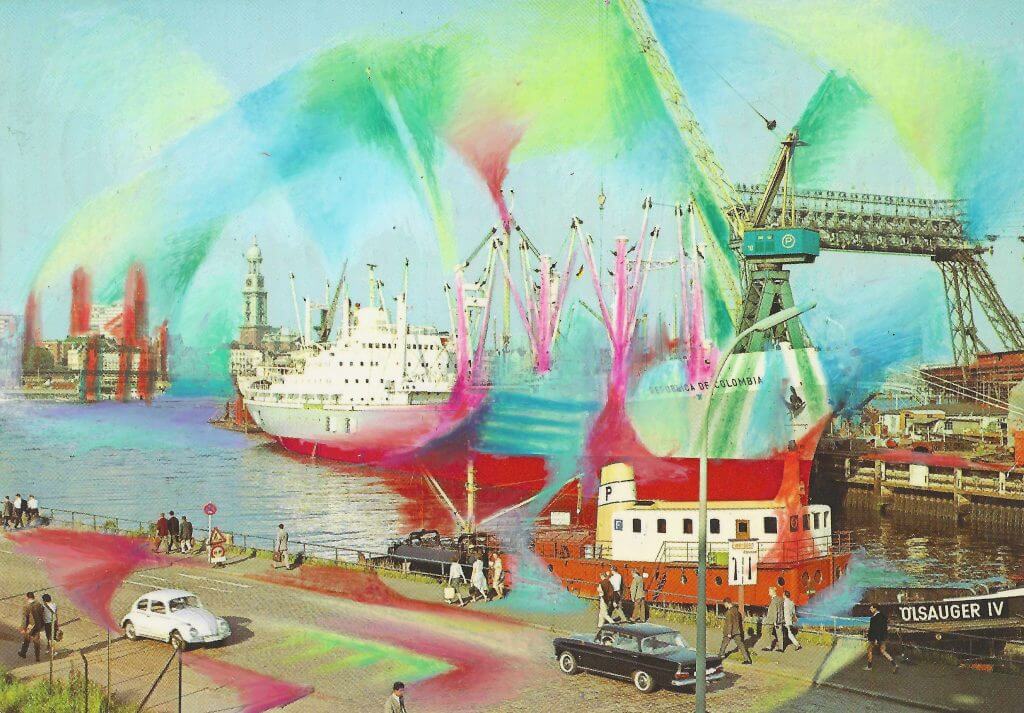 Bizarre Fahrt, Übermalte Postkarte, 2022